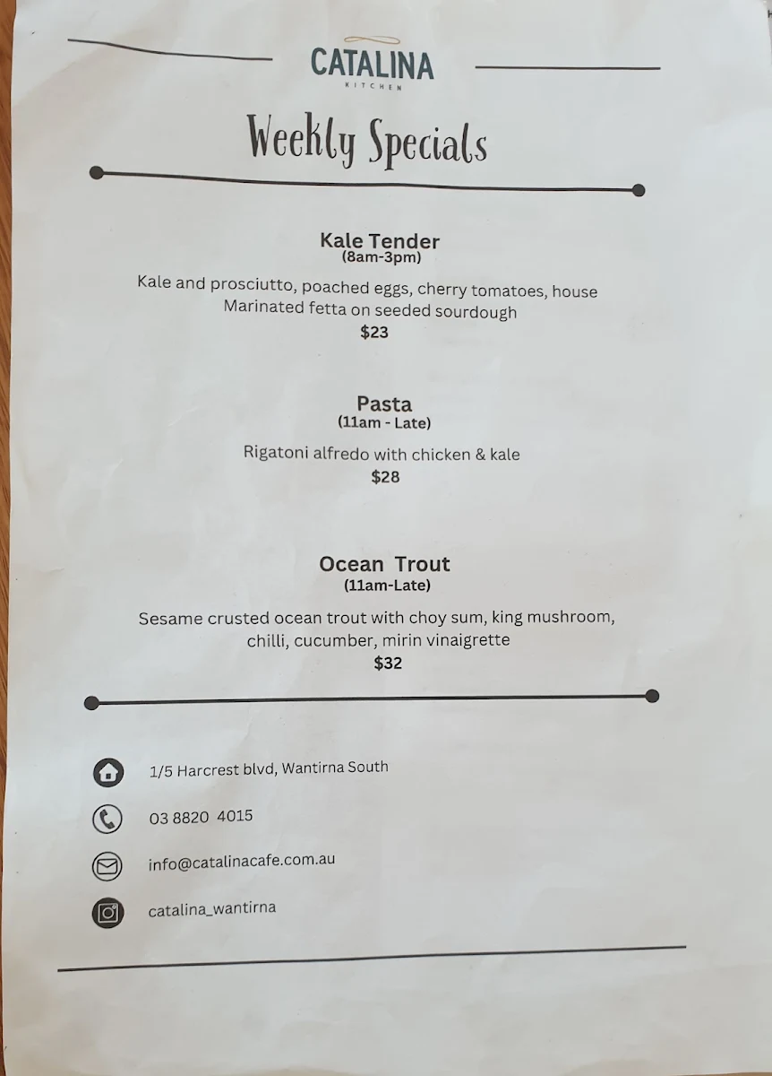 Menu, Catalina Kitchen Cafe, Bar & Restaurant