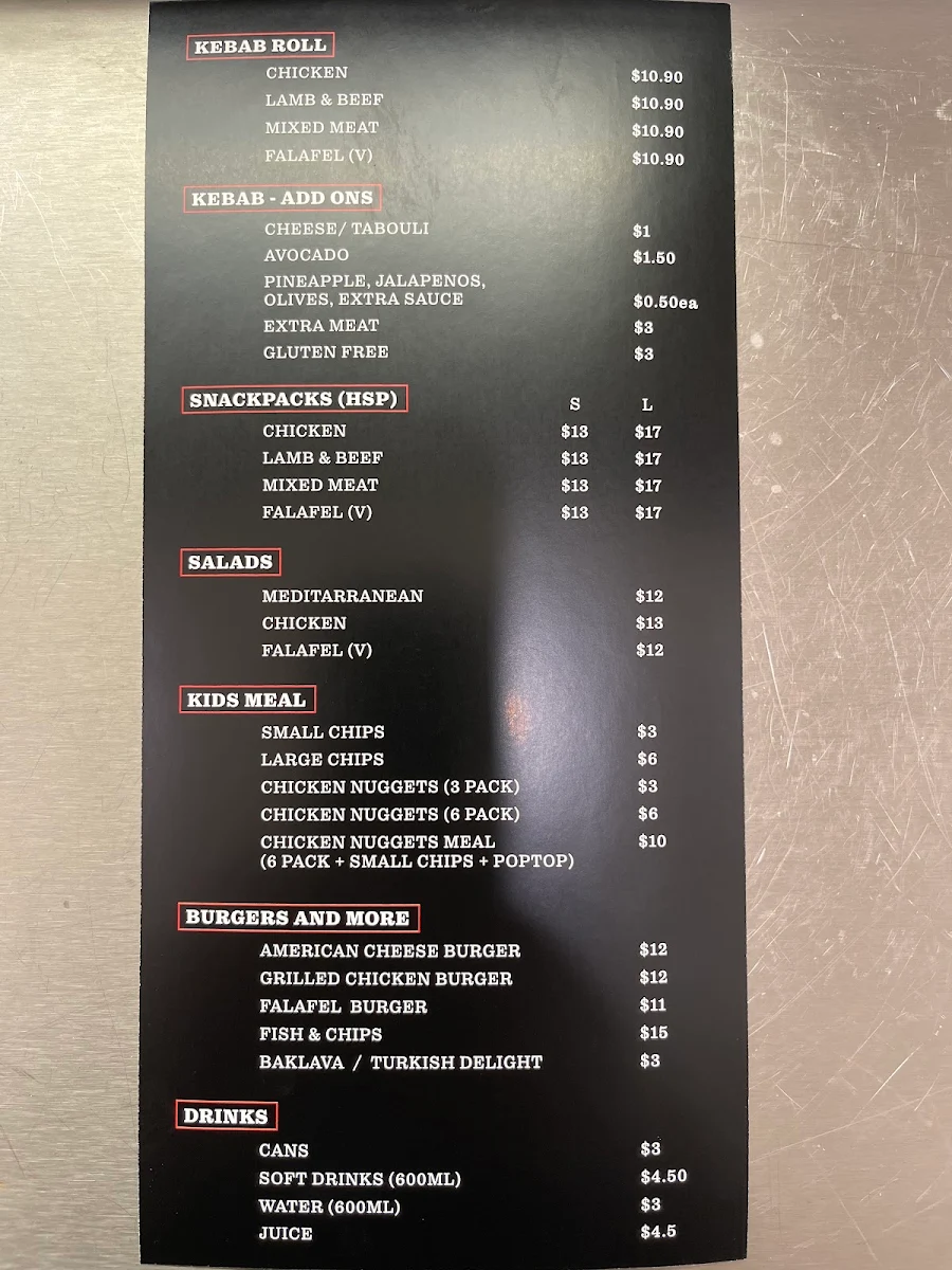 Menu, Aussie Kebabs