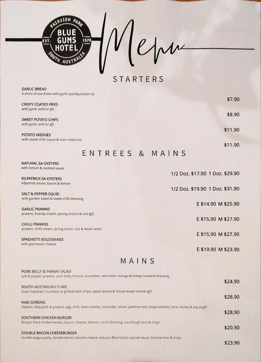 Menu, Blue Gums Hotel Motel