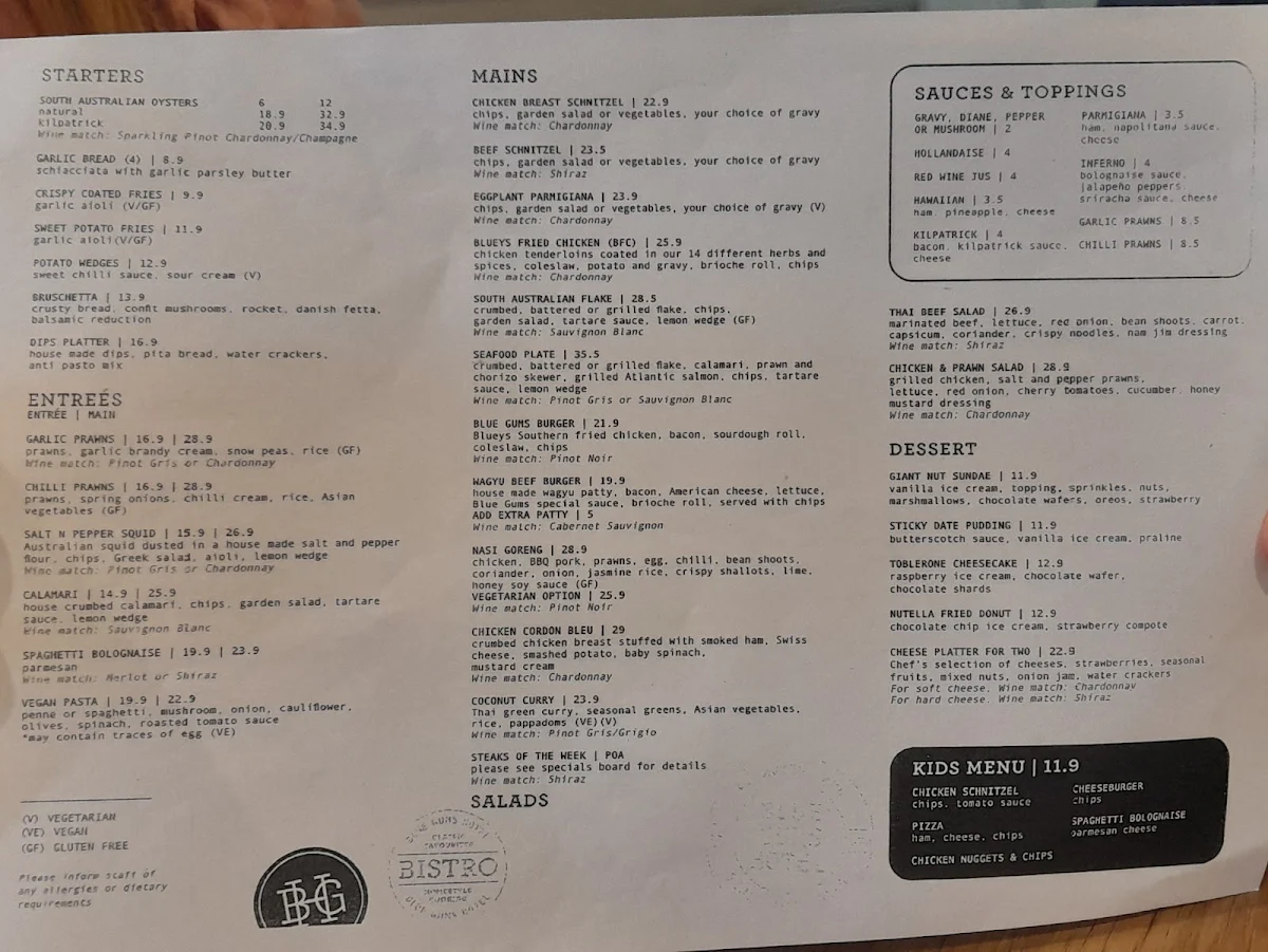 Menu, Blue Gums Hotel Motel