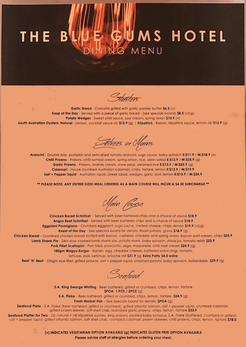 Menu, Blue Gums Hotel Motel