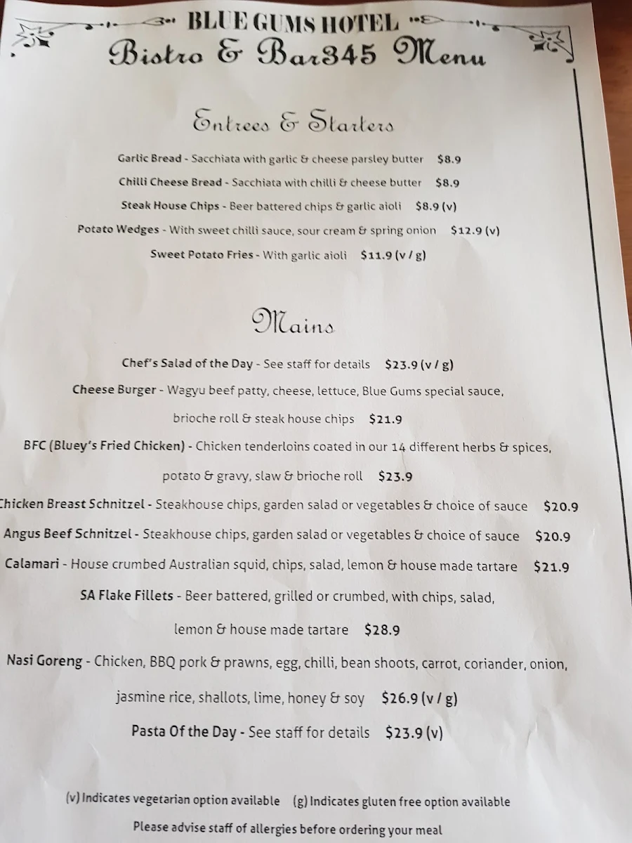 Menu, Blue Gums Hotel Motel