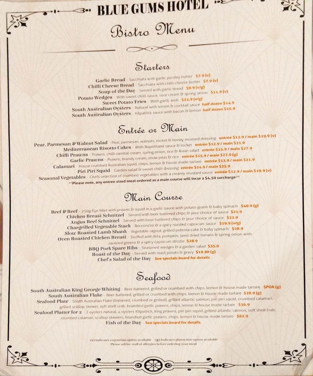 Menu, Blue Gums Hotel Motel