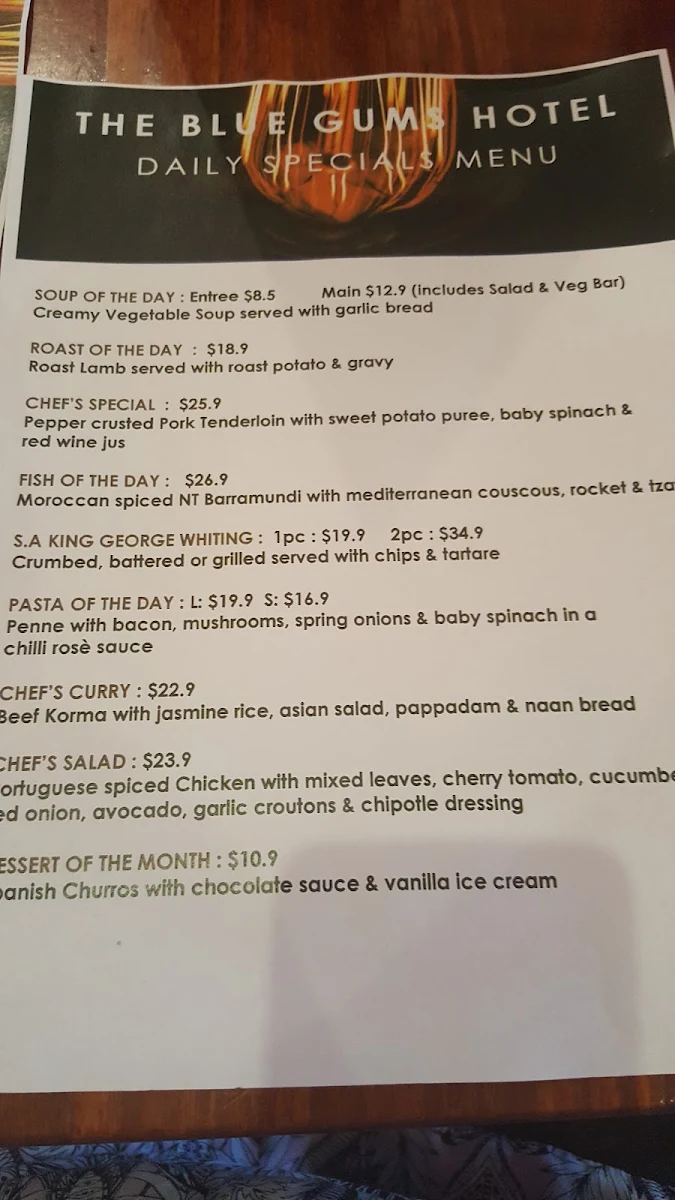 Menu, Blue Gums Hotel Motel