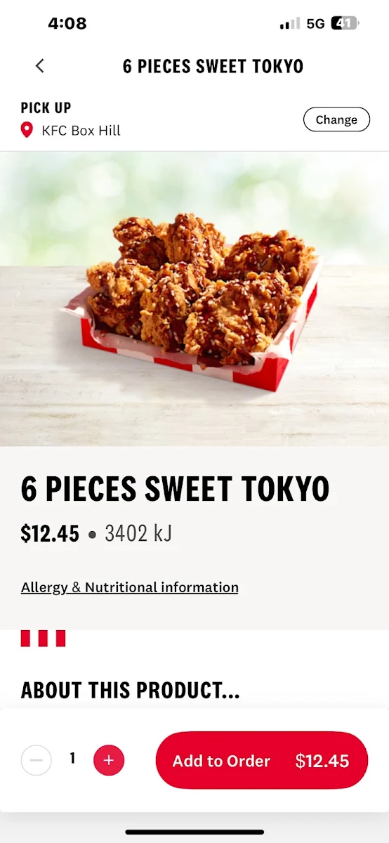 Menu, KFC Carlton