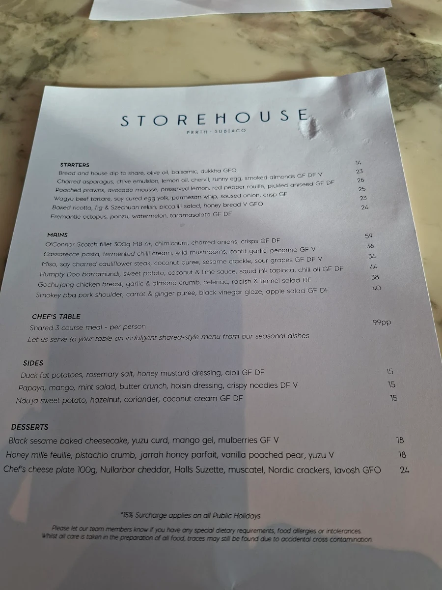 Menu, Storehouse Subiaco