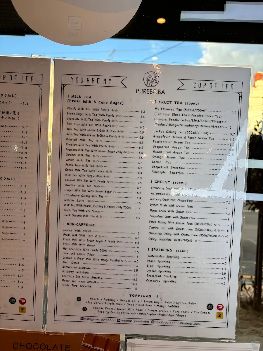 Menu, Pure Boba