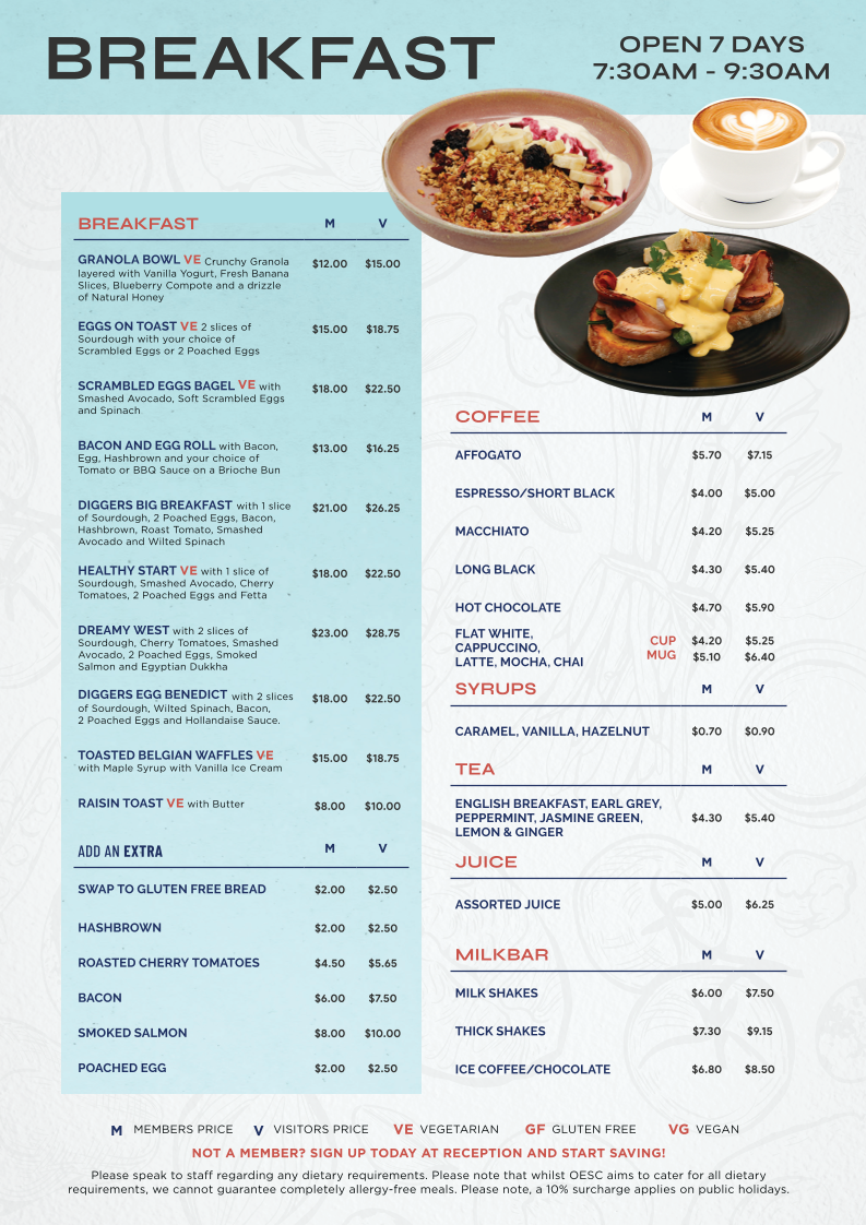 Menu, Orange Ex-Services' Club