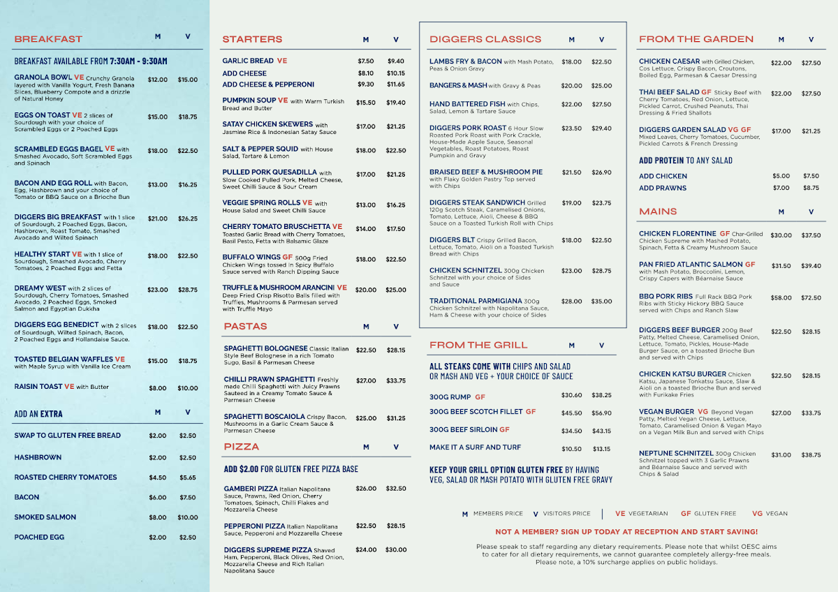 Menu, Orange Ex-Services' Club