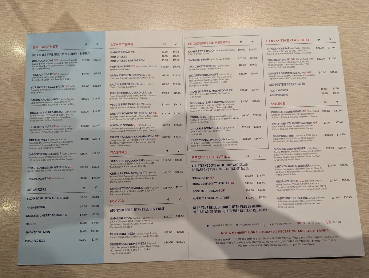 Menu, Orange Ex-Services' Club