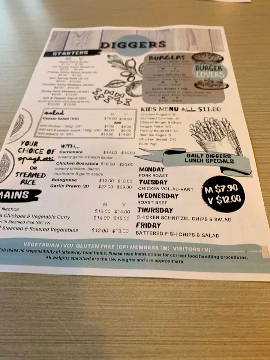 Menu, Orange Ex-Services' Club