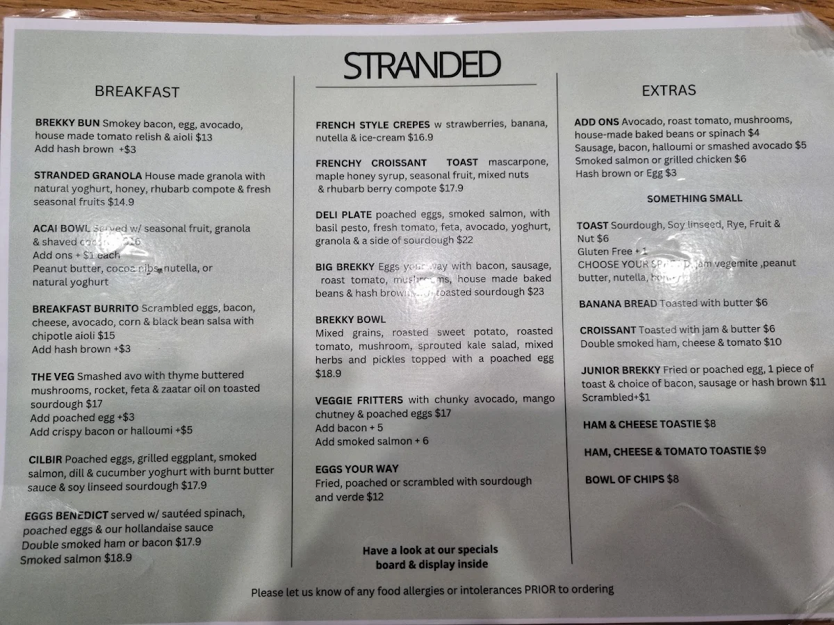Menu, Stranded Deli Cafe
