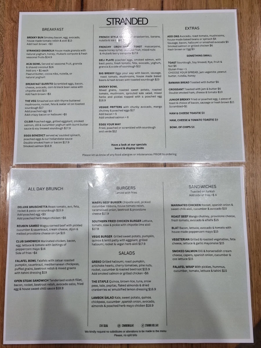 Menu, Stranded Deli Cafe