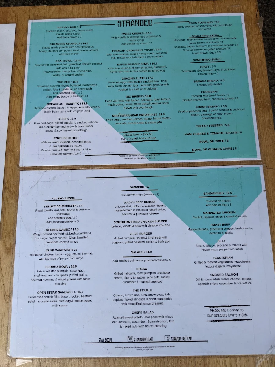 Menu, Stranded Deli Cafe