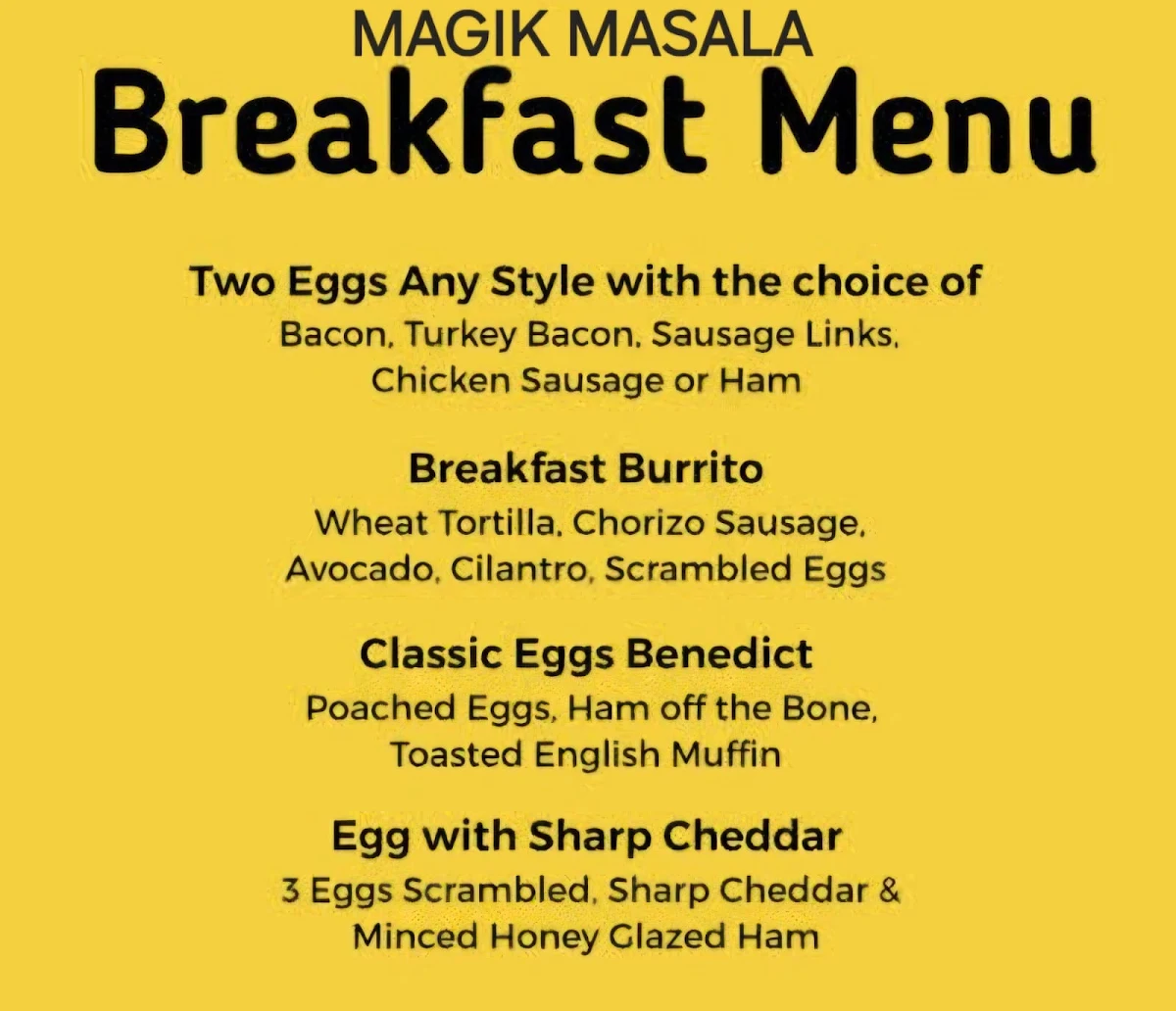 Menu, Magik Masala Indian Restaurant