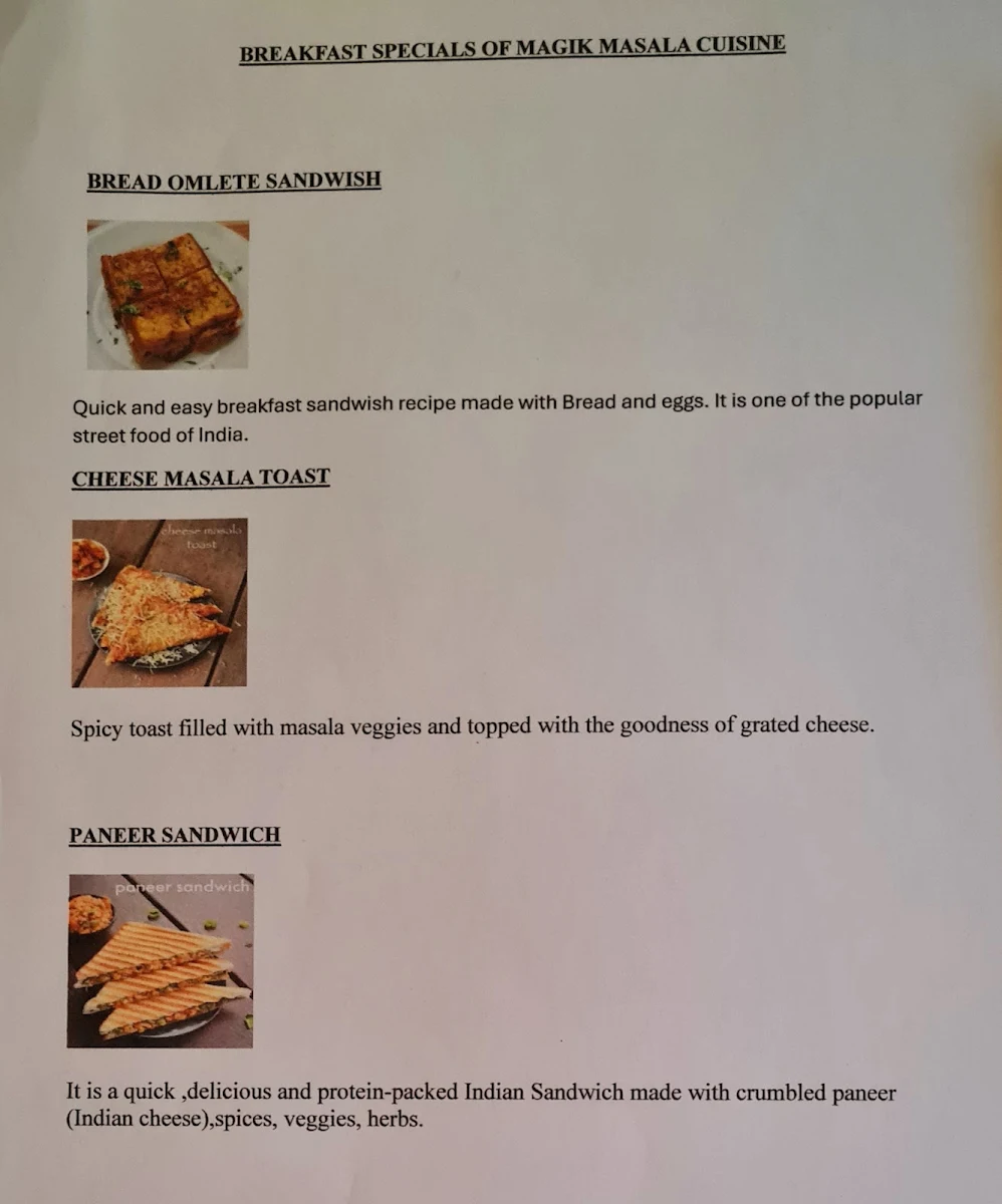 Menu, Magik Masala Indian Restaurant