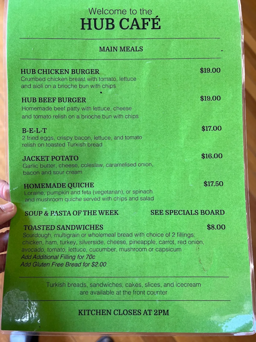 Menu, Hub cafe