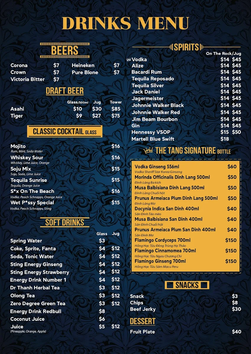Menu, The New Tang Restaurant and KTV