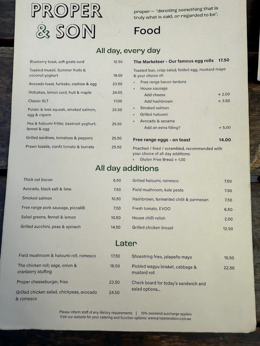 Menu, Proper & Son