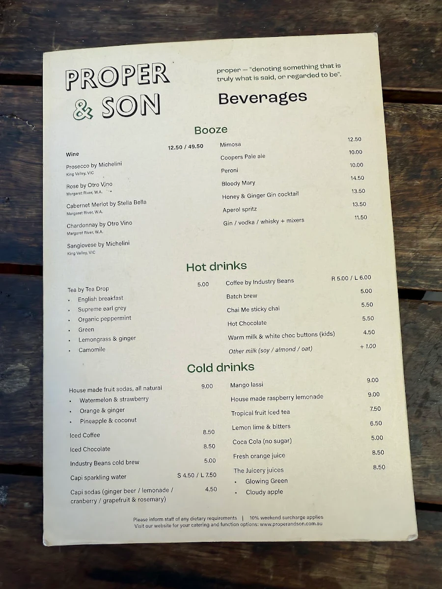 Menu, Proper & Son