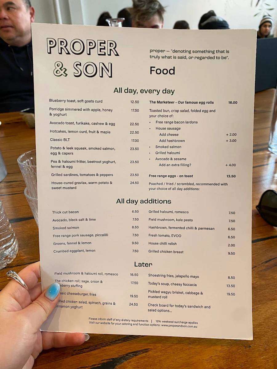 Menu, Proper & Son