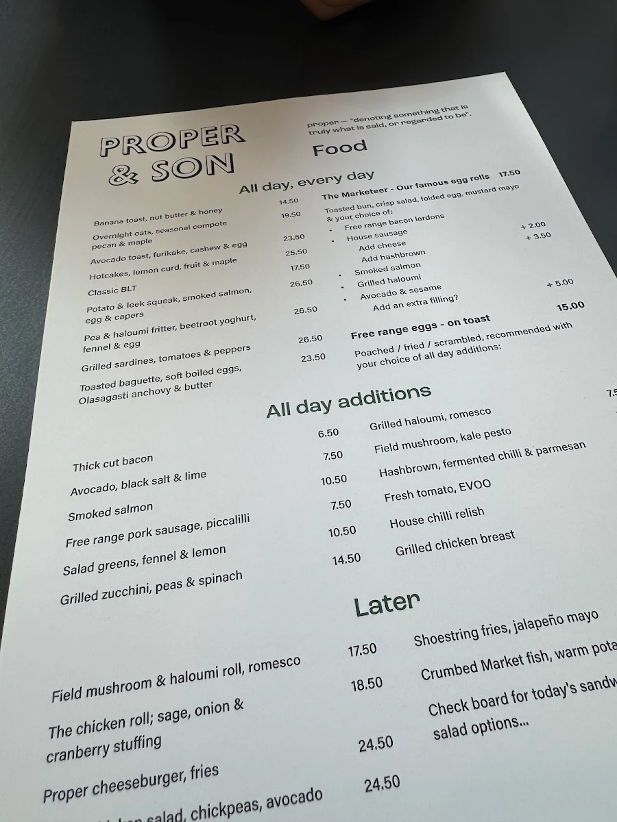 Menu, Proper & Son