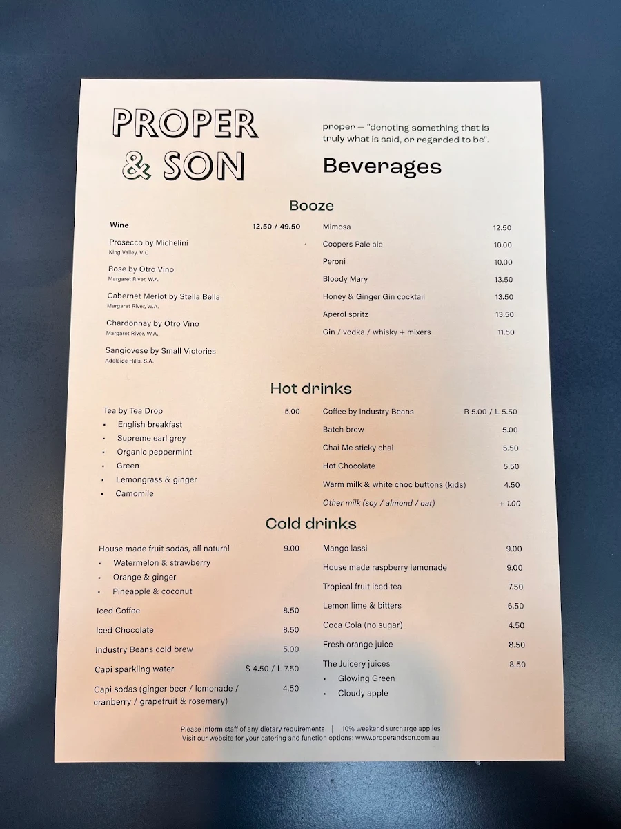Menu, Proper & Son