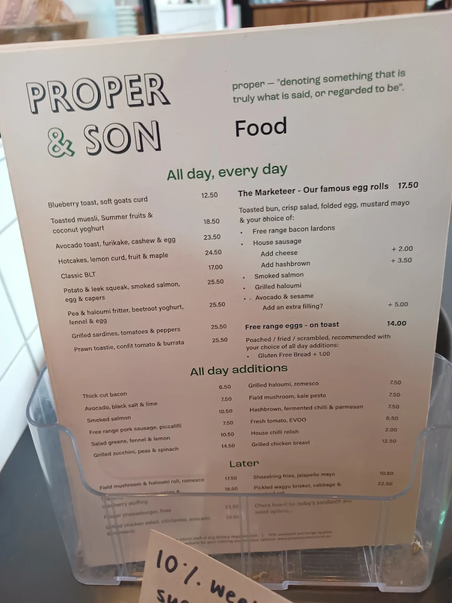 Menu, Proper & Son