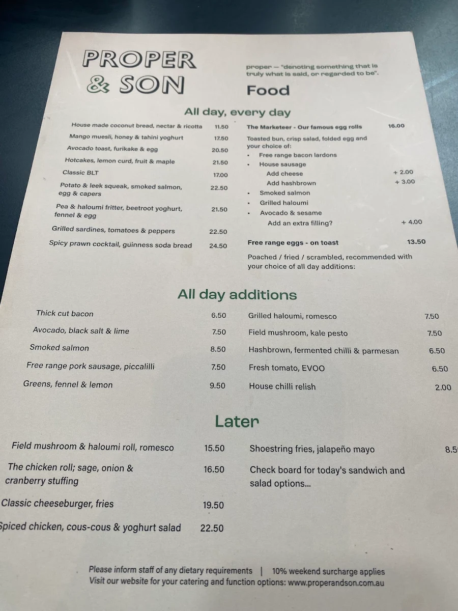 Menu, Proper & Son