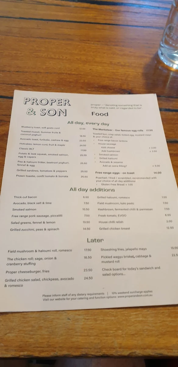 Menu, Proper & Son