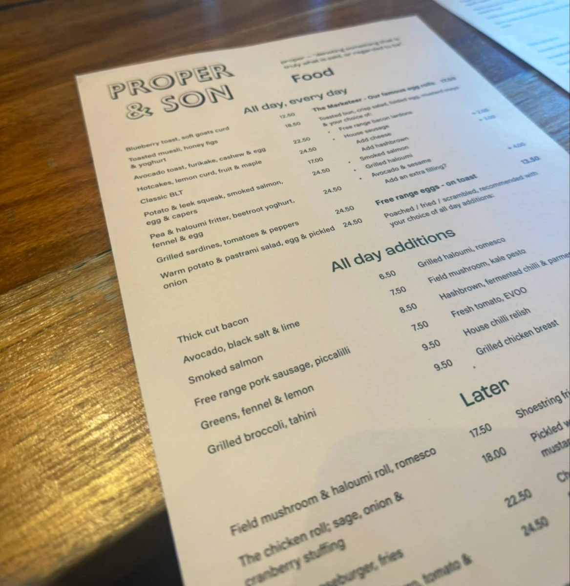 Menu, Proper & Son