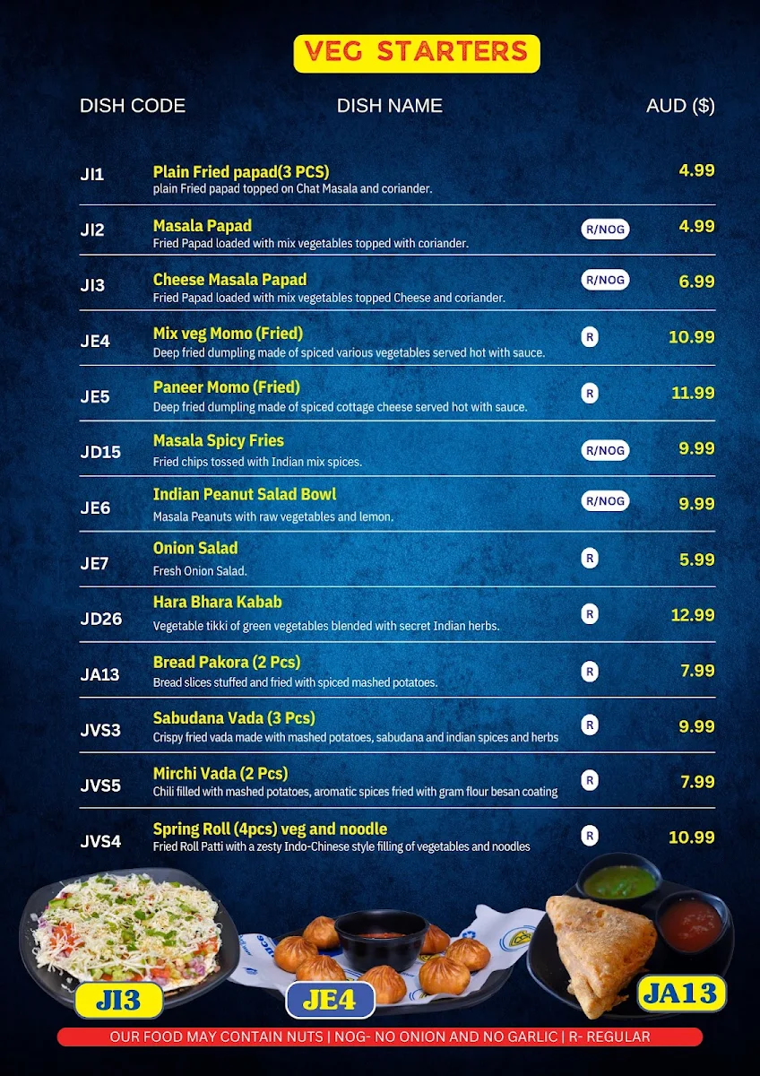 Menu, Jay Bhavani Melbourne CBD - Indian Vegetarian Restaurant
