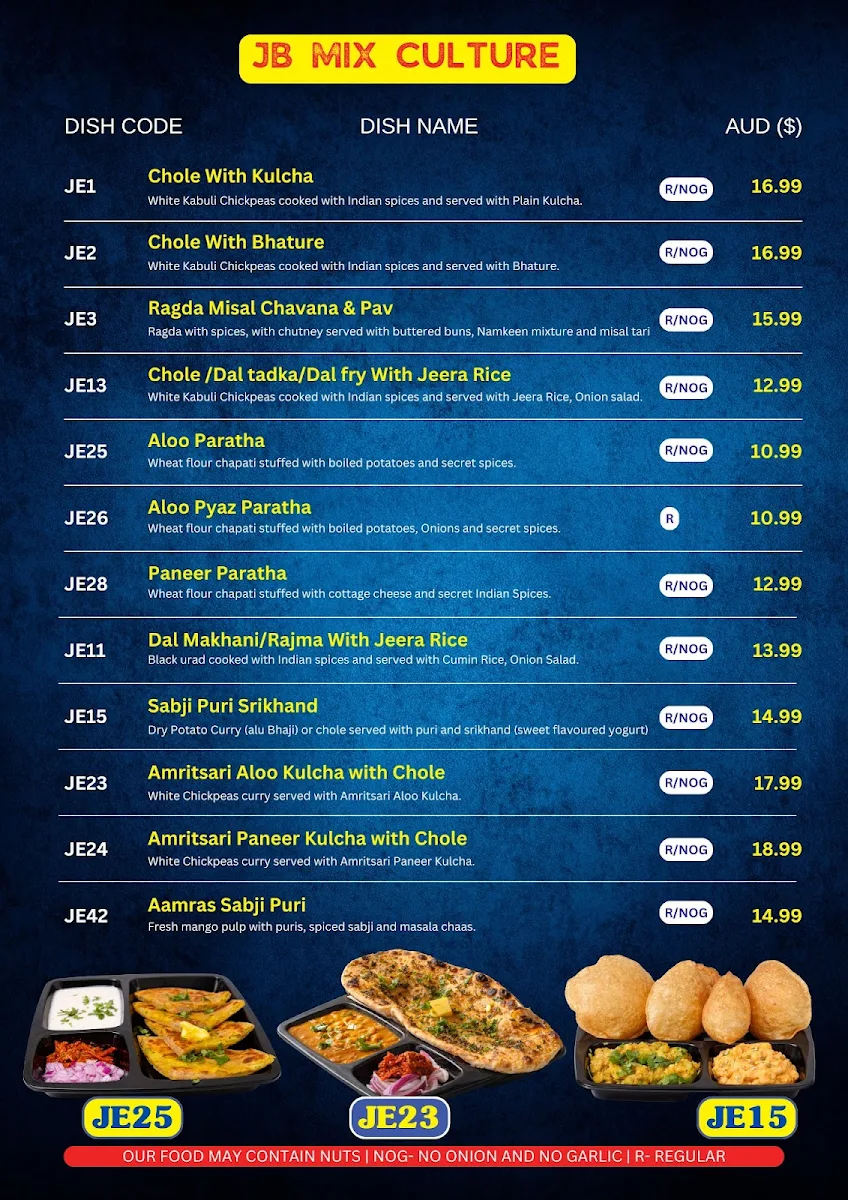Menu, Jay Bhavani Melbourne CBD - Indian Vegetarian Restaurant