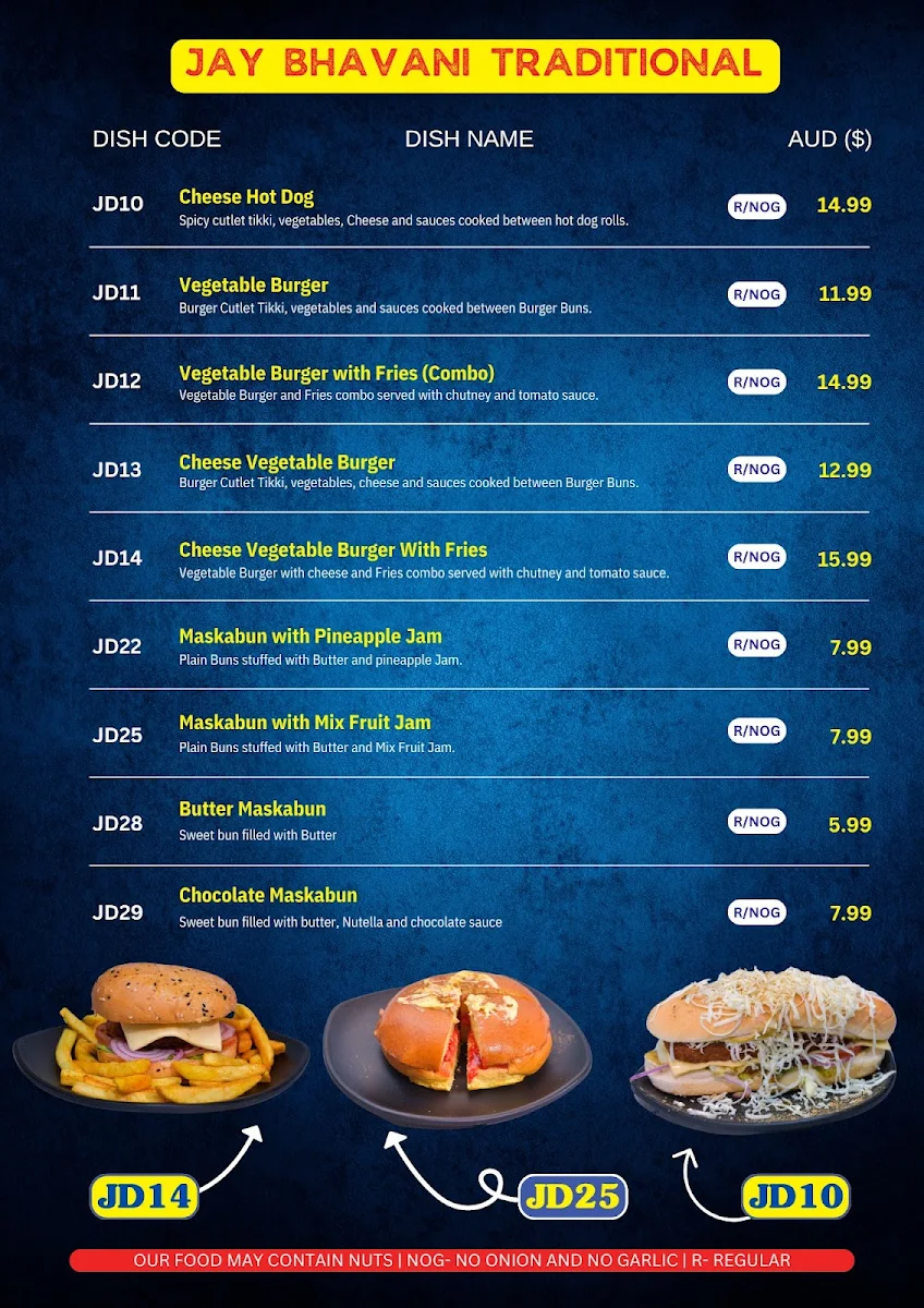 Menu, Jay Bhavani Melbourne CBD - Indian Vegetarian Restaurant