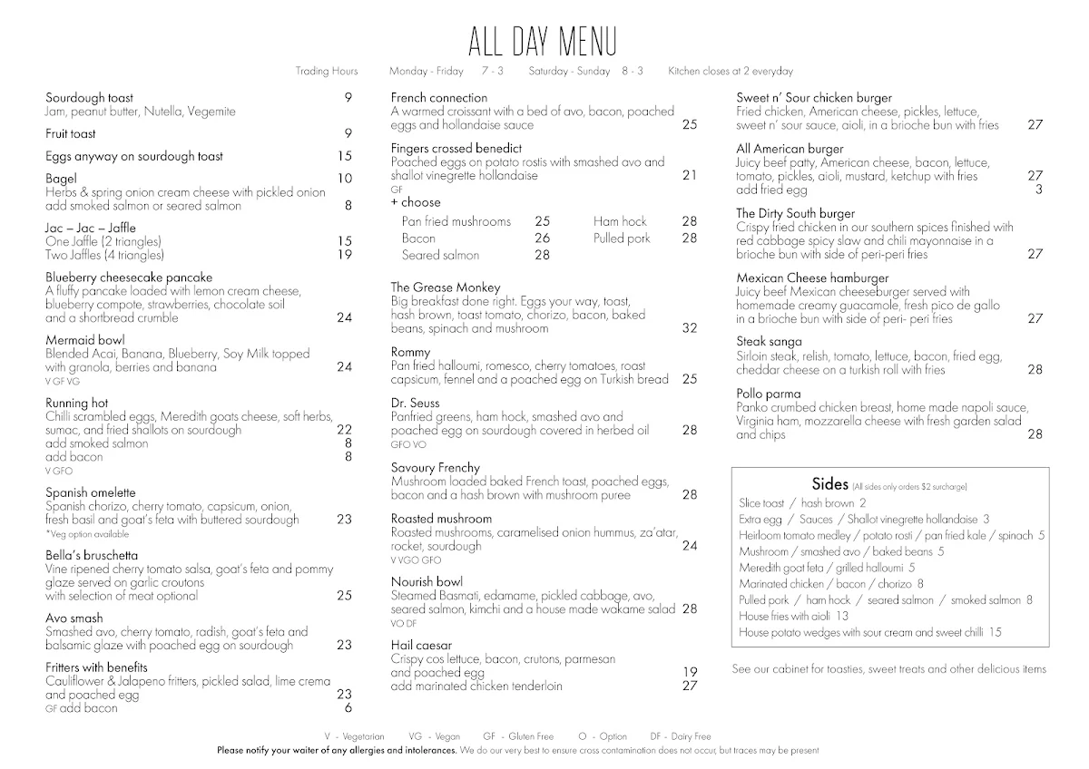 Menu, Fingers Crossed Cafe