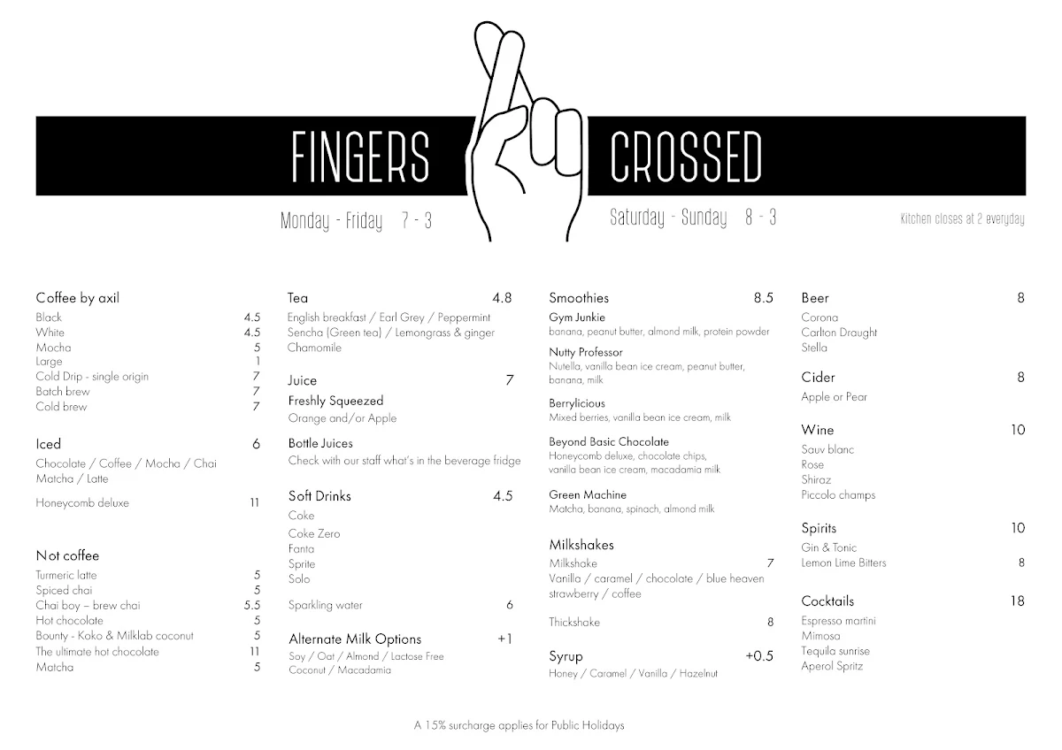 Menu, Fingers Crossed Cafe