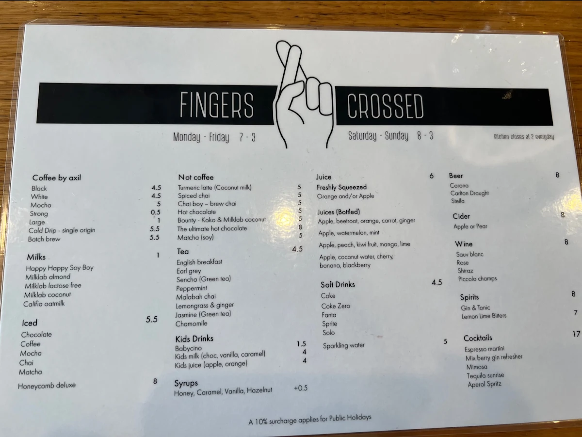 Menu, Fingers Crossed Cafe