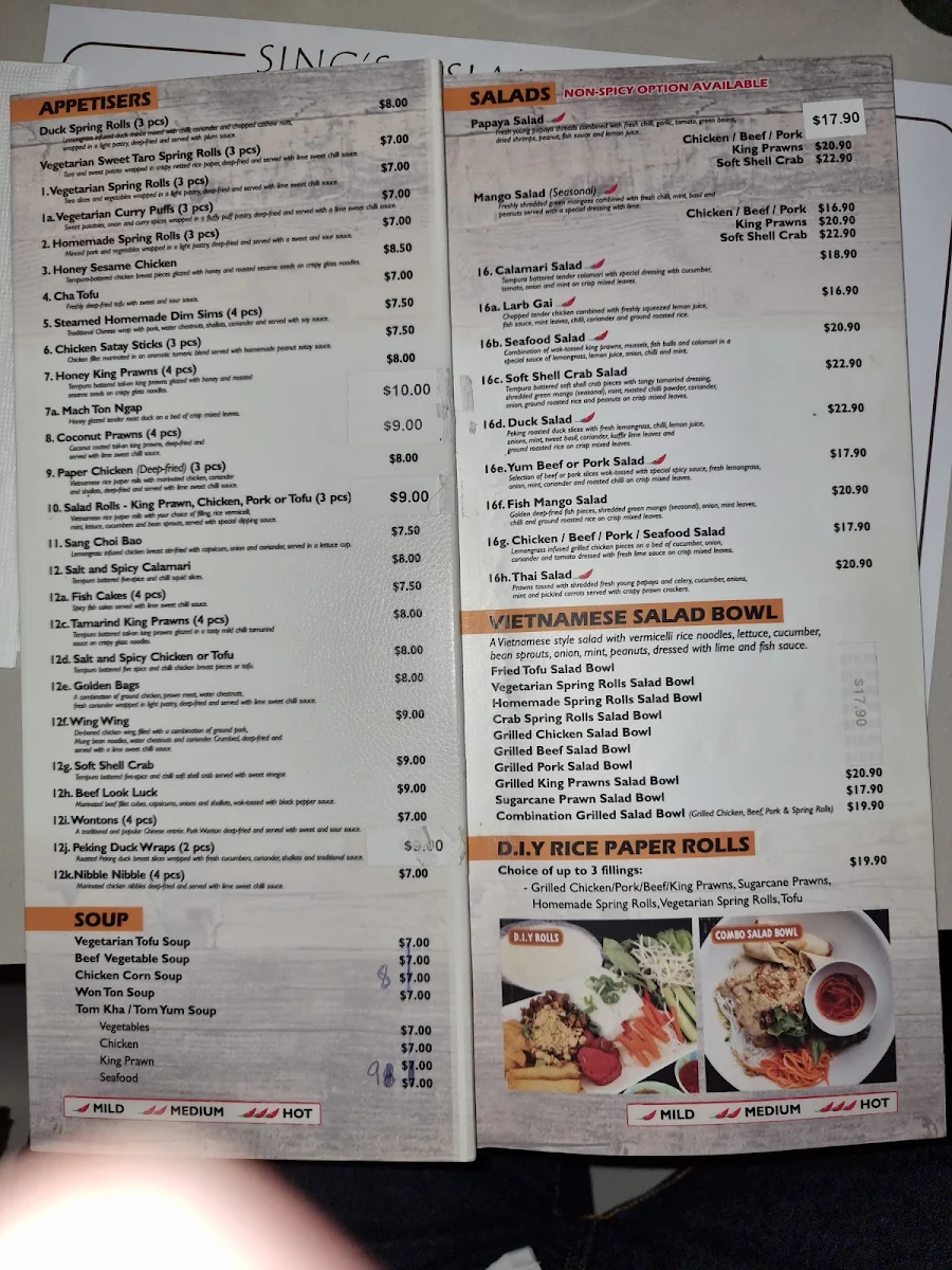 Menu, Sing's Asian Kitchen