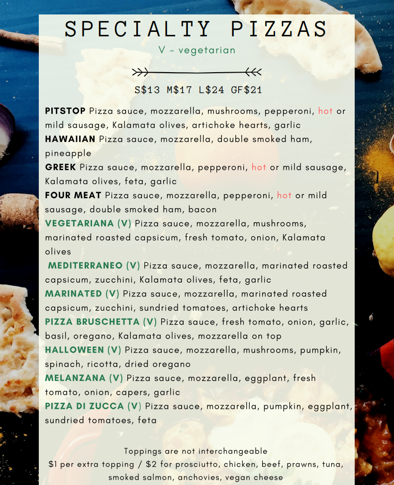 Menu, PitStop Pizza