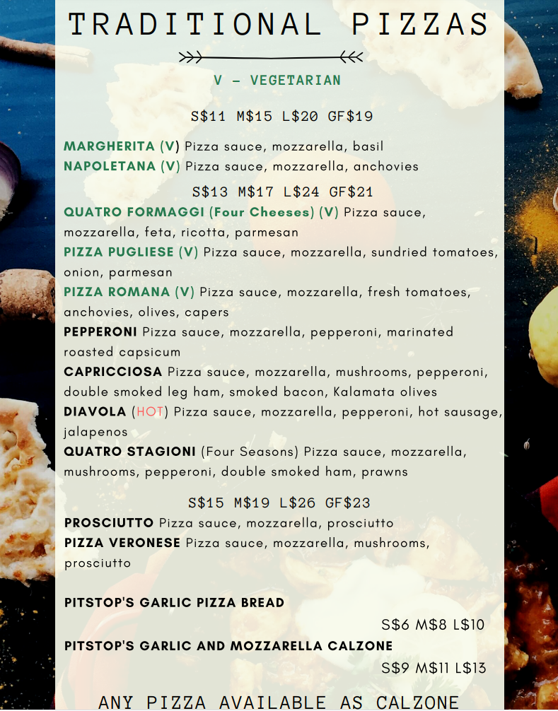 Menu, PitStop Pizza