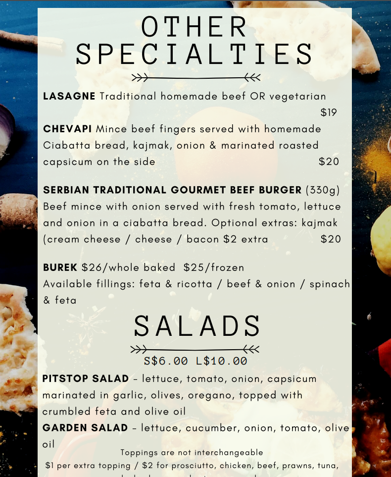Menu, PitStop Pizza