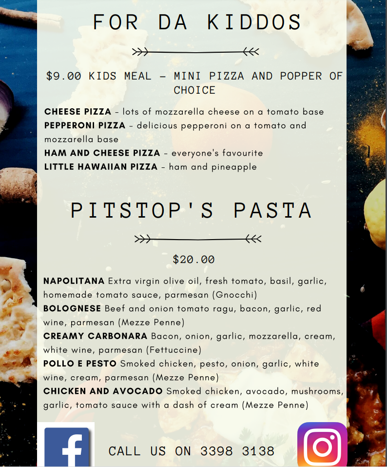 Menu, PitStop Pizza