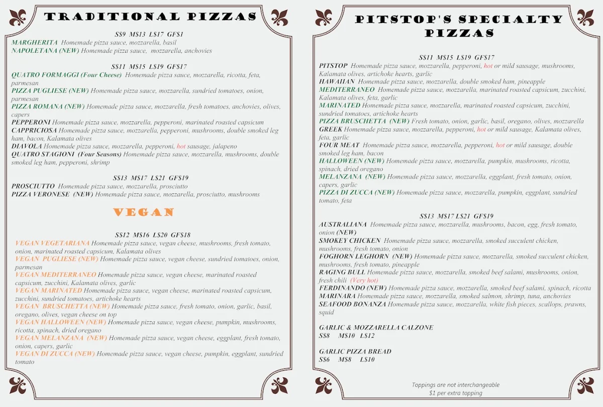 Menu, PitStop Pizza