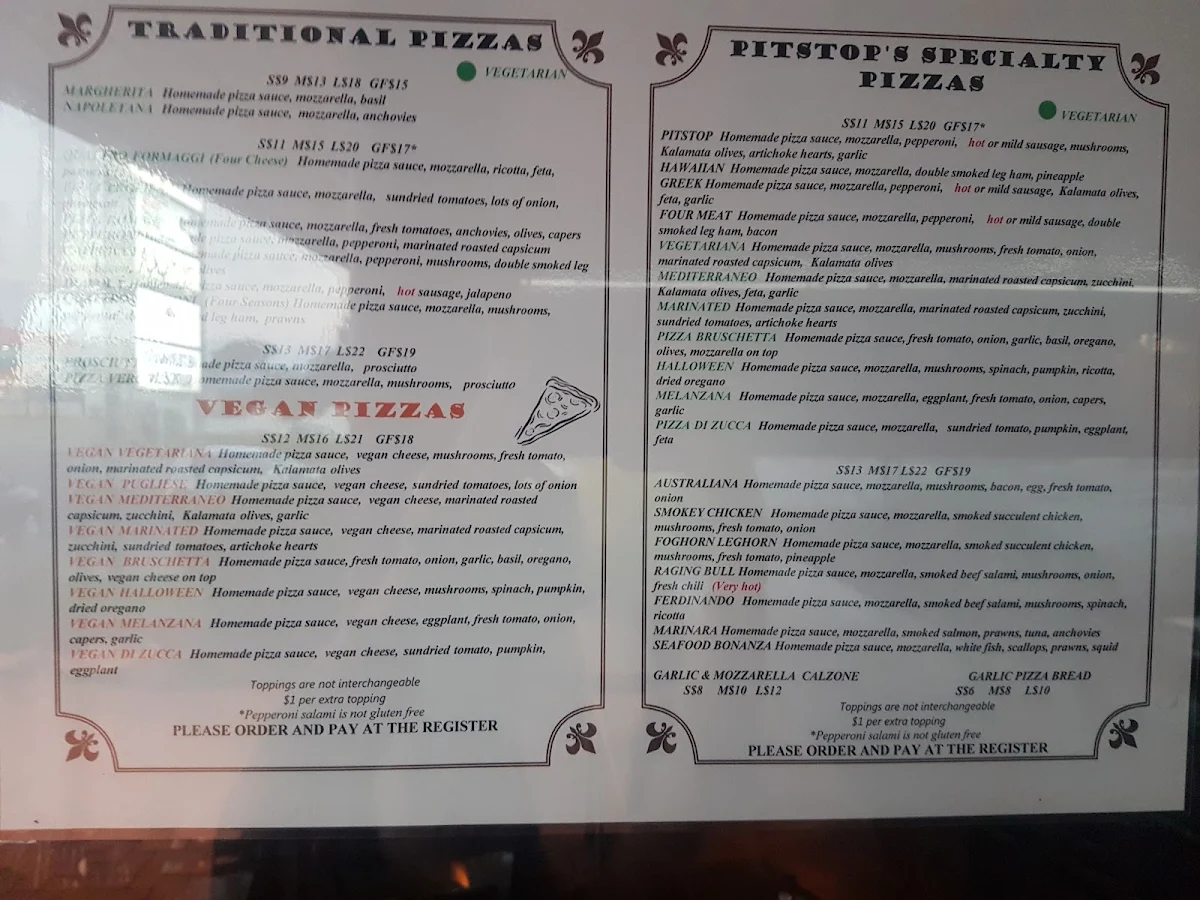 Menu, PitStop Pizza