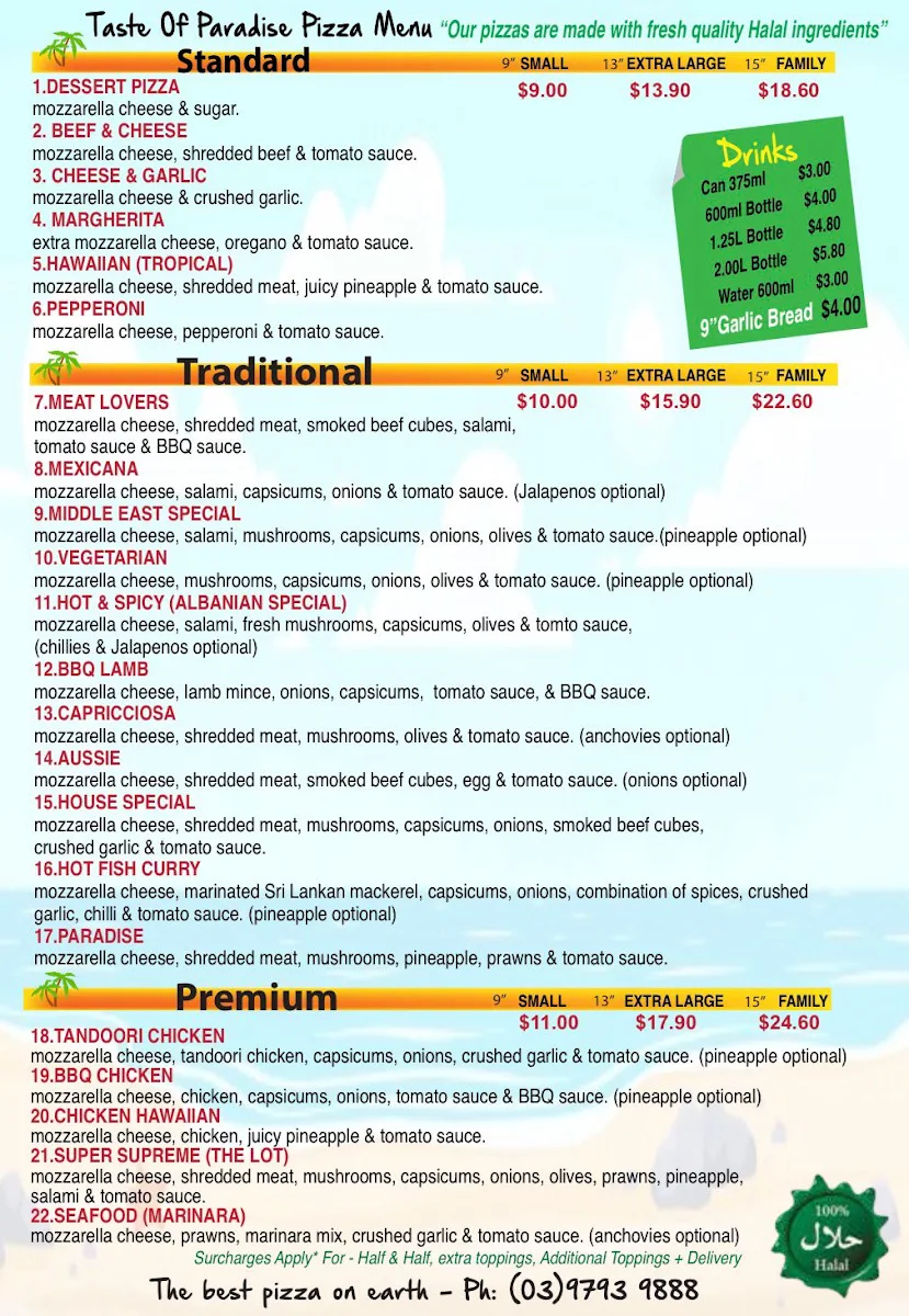 Menu, Halal Pizza (Taste of Paradise Pizza)