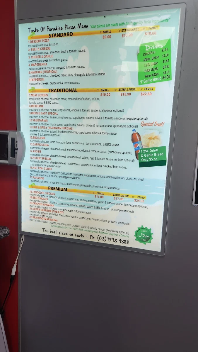 Menu, Halal Pizza (Taste of Paradise Pizza)