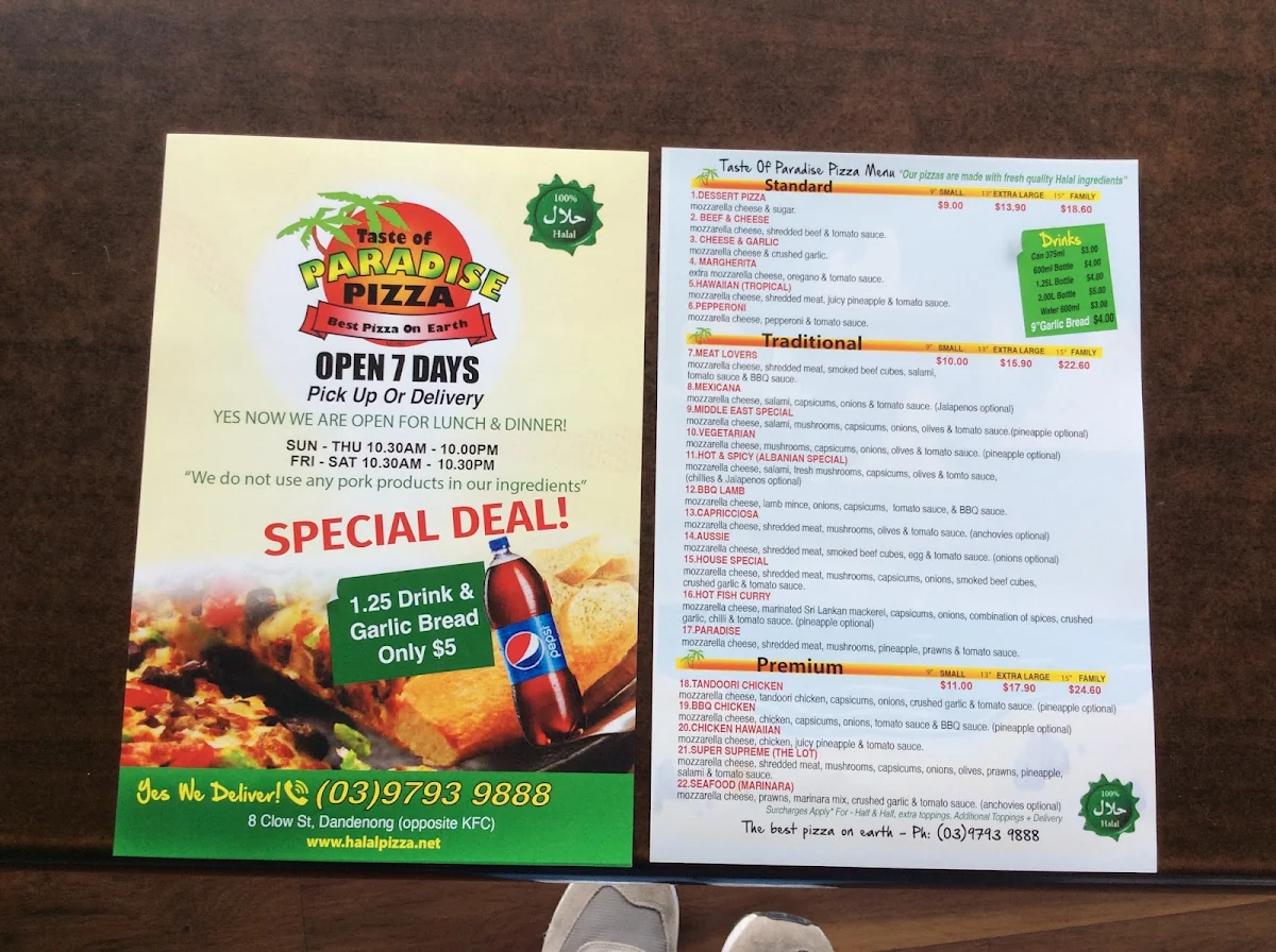 Menu, Halal Pizza (Taste of Paradise Pizza)