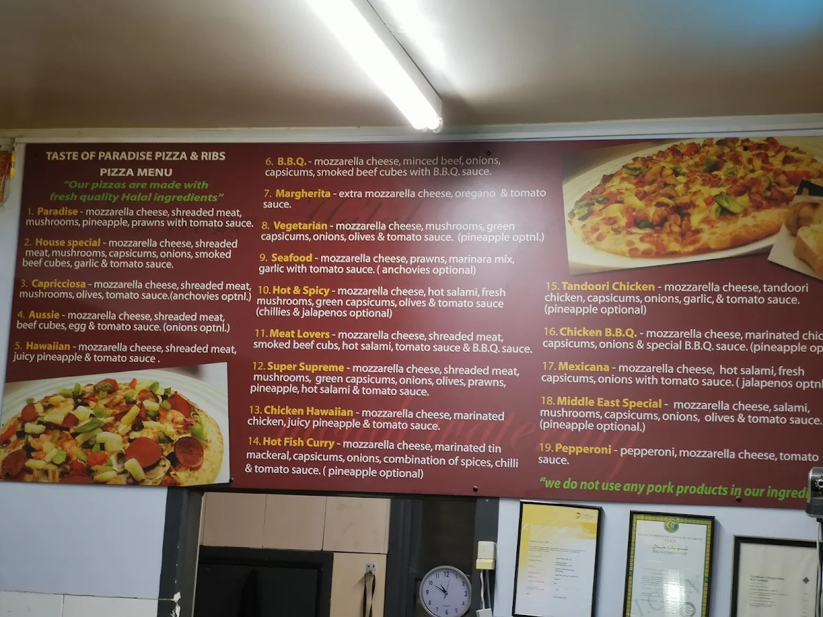 Menu, Halal Pizza (Taste of Paradise Pizza)