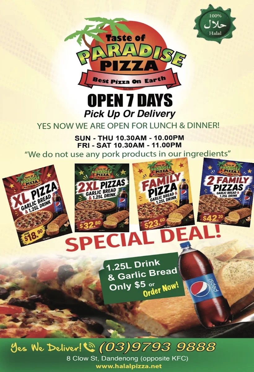 Menu, Halal Pizza (Taste of Paradise Pizza)