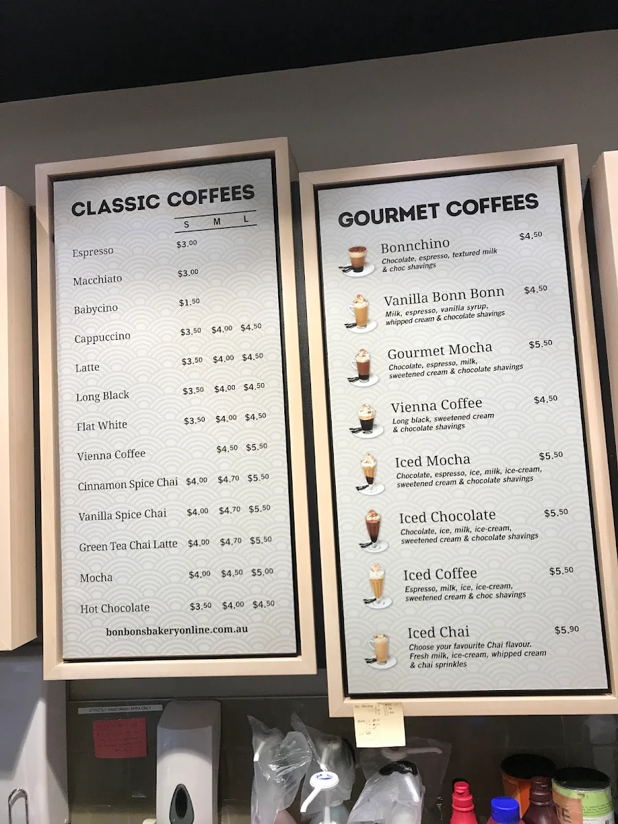 Menu, Bonbons Bakery Sunshine